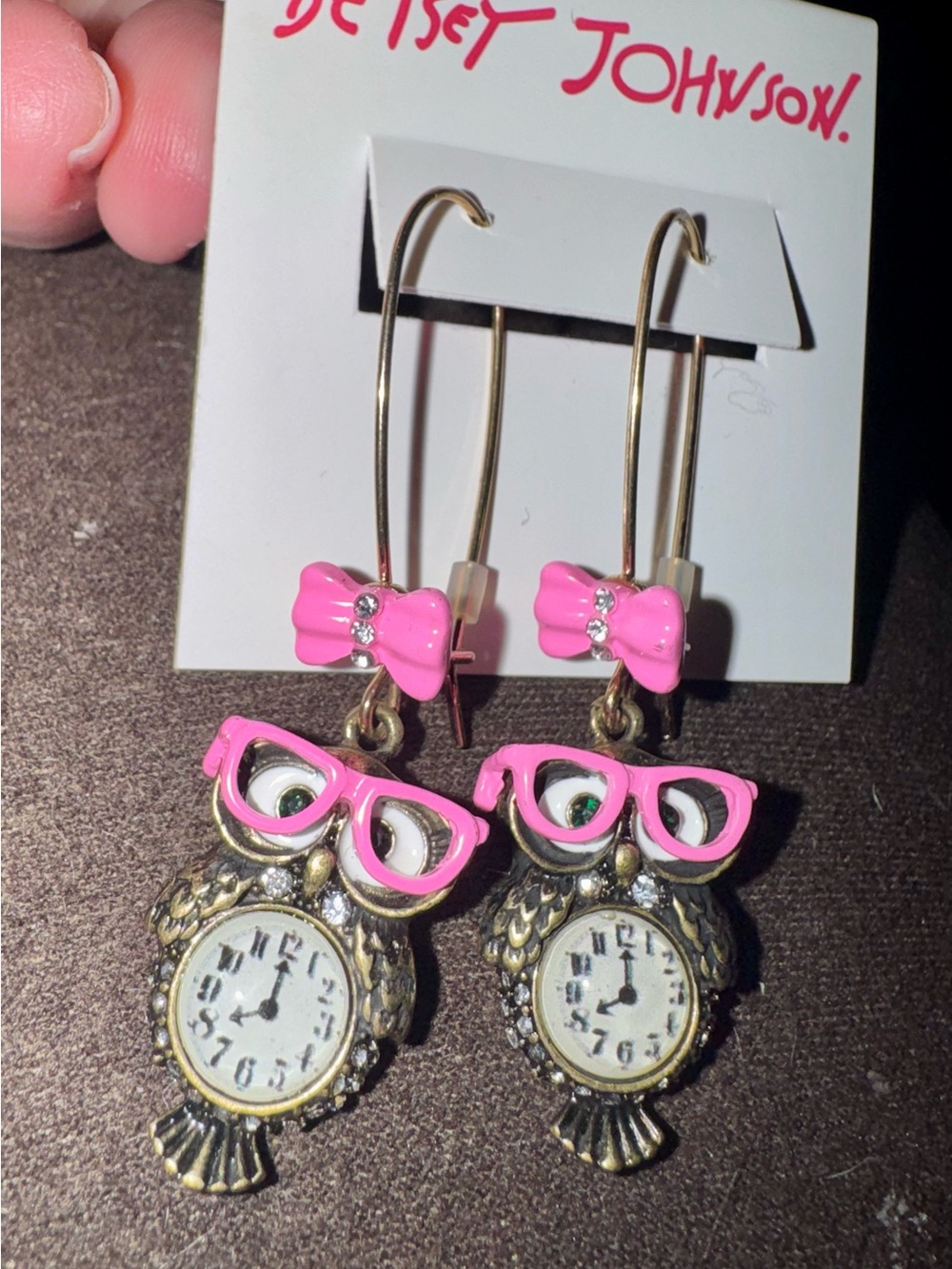 Betsey Johnson Gold-Tone Owl Earrings with Pink Enamel Accents